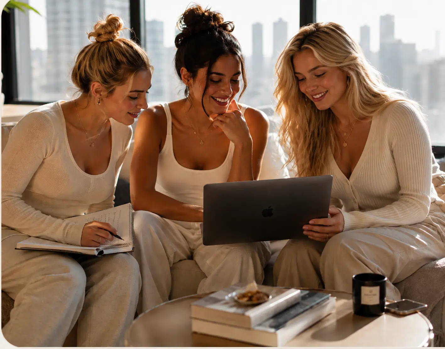 Three young women collaborating together around a laptop in a bright apartment, including two blonde women and one brunette woman, representing a supportive women-led team